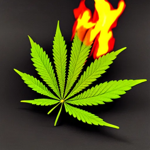 Image similar to weed leaf, marijuana leaf, on fire, burning, 3D render, 3D model, highly-detailed fire