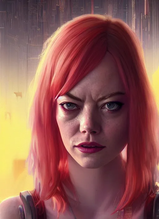 Image similar to portrait of Emma Stone as an actress character in Cyberpunk 2077, looking at camera, intricate, long blond hair, elegant, sci-fi, extremely detailed, digital painting, artstation, concept art, smooth, sharp focus, illustration, ambient lighting, incredible art by artgerm and greg rutkowski and alphonse mucha and simon stalenhag