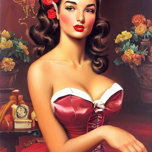 Prompt: emily ratajkowski dressed in pin up style, ultra detailed, beautiful, proportional, by greg hildebrandt fancy rococo baroque oil painting high quality clothed in fancy garb in pin up style