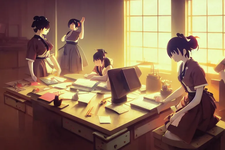 Prompt: baroque oil painting of key visual concept art of anime maids doing office work, brutalist, dark fantasy, rule of thirds golden ratio, fake detail, trending pixiv fanbox, acrylic palette knife, style of makoto shinkai studio ghibli genshin impact james gilleard greg rutkowski chiho aoshima