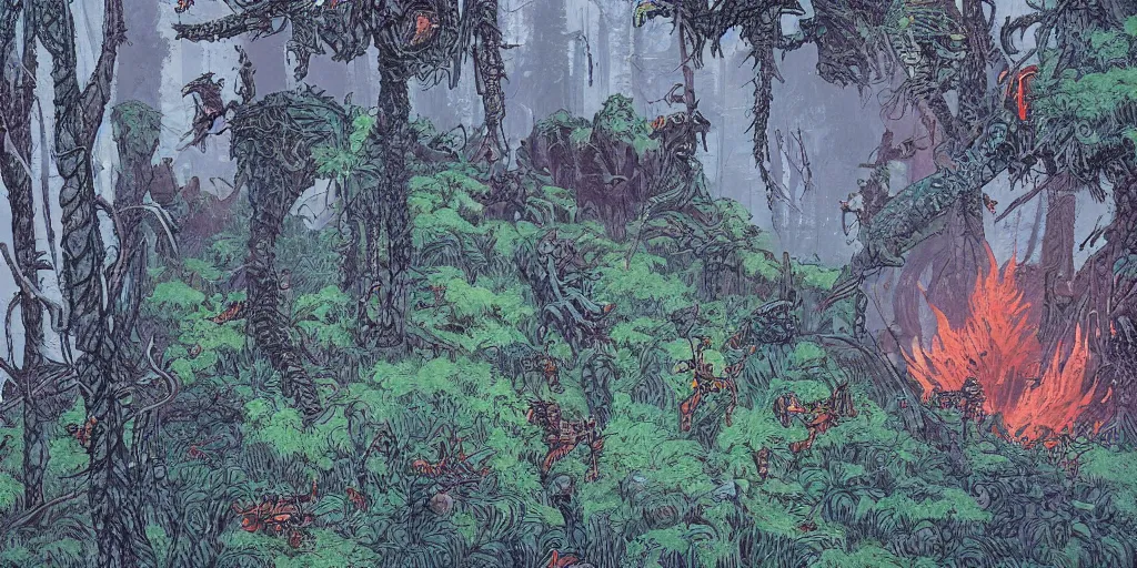 Image similar to a close - up grainy risograph, painting of a scene from the horizon zero dawn, machine monsters, dense forest, dragonflies, fire, fog by moebius and kim jung gi