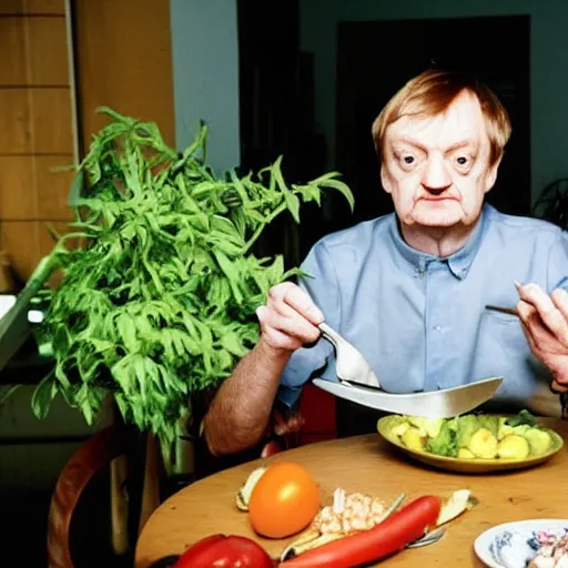 Image similar to mark e smith sitting at a table eating a big pile of vegetables, fork and knife in hand, drooling and licking and smacking his lips, photograph