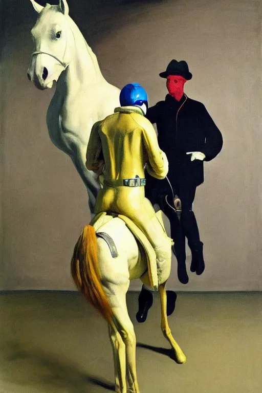 Image similar to a man dressed a horse riding, horse dressed astronaut, hauntingly surreal, highly detailed painting by francis bacon, edward hopper, adrian ghenie, gerhard richter, and james jean soft light 4 k,