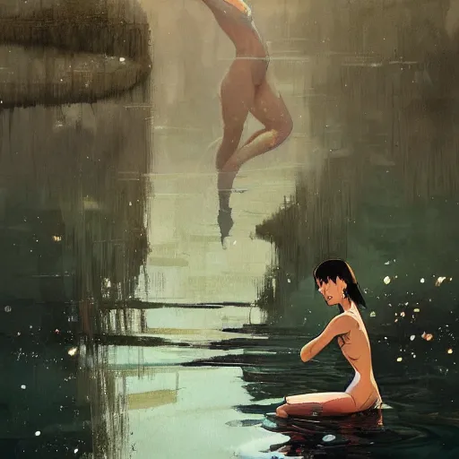Image similar to a ultradetailed beautiful panting of a woman dipping her toe in water, by conrad roset, greg rutkowski and makoto shinkai, trending on artstation