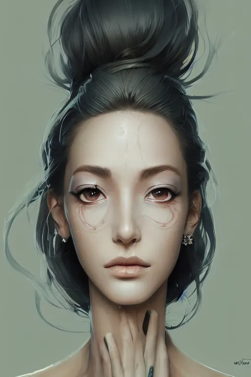 Image similar to Portrait of a slim tall beautiful young woman anatomically correct, beautiful perfect face, enigmatic, magnificent, medium close up, details, sharp focus, elegant, highly detailed, illustration, by Jordan Grimmer and greg rutkowski and PiNe(パイネ) and 薯子Imoko and 香川悠作 and wlop!!!! and maya takamura, intricate, beautiful, sunset!!!, Trending artstation, pixiv, digital Art