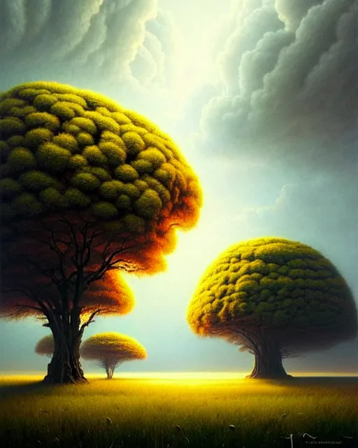 Image similar to a hyper - detailed 3 d render like an oil painting of cloud trees of the black oak savanna, surrealism!!!!! surreal concept art, lifelike, photorealistic, digital painting, aesthetic, smooth, sharp focus, artstation hd, by greg rutkowski, bruce pennington, valentina remenar, rhads, asher duran,