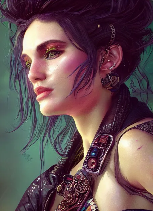 Prompt: close up portrait painting of a female rockstar dressed in 9 0's fashion, ultra realistic, concept art, intricate details, serious, highly detailed, photorealistic, octane render, 8 k, unreal engine. art by artgerm and greg rutkowski and alphonse mucha