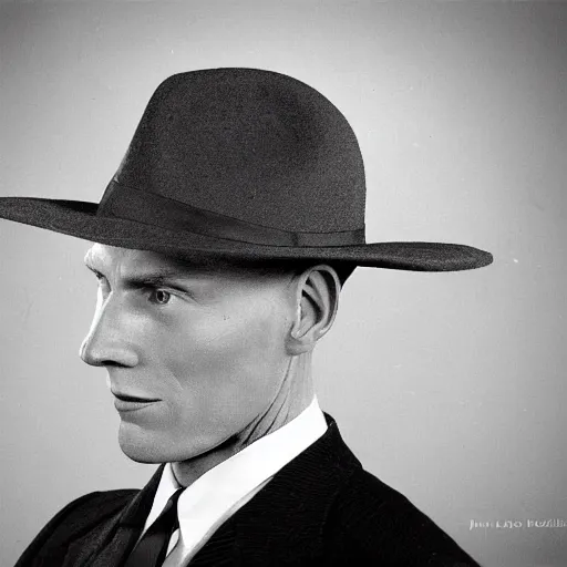 Image similar to A photograph portrait of Jerma985 wearing a suit with and fedora in the 1950s, taken in the early 1950s, grainy, taken on a 1950s Kodak Camera, realistic, hyperrealistic, very realistic, highly detailed, very detailed, extremely detailed, detailed, digital art, trending on artstation