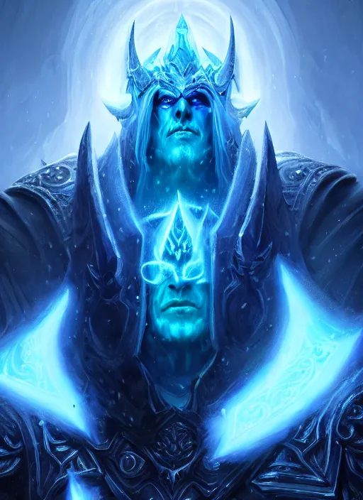 Image similar to portrait of a arthas the lich king, cold, glowing blue spirits, ghosts, intricate, elegant, highly detailed, digital painting, artstation, concept art, smooth, sharp focus, illustration, art by wlop, mars ravelo and greg rutkowski