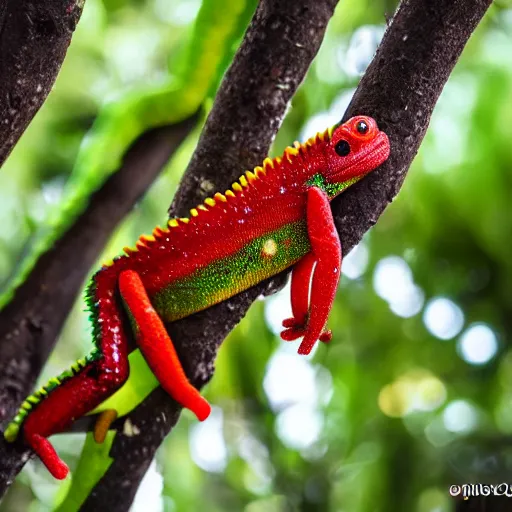 Prompt: a epic shot of a gummy chameleon hanging on a branch of a tree