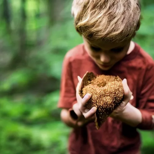 Prompt: A lost boy in the woods finds gingerbread crumbs, XF IQ4, 150MP, 50mm, f/1.4, ISO 200, 1/160s, natural light, Adobe Photoshop, Adobe Lightroom, DxO Photolab, Corel PaintShop Pro, rule of thirds, symmetrical balance, depth layering, polarizing filter, Sense of Depth, AI enhanced, sharpened, denoised, HDR, clean