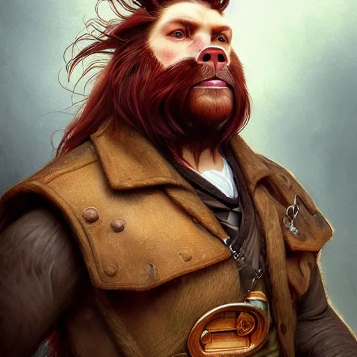 Prompt: portrait of a man - bear - pig, male, handsome, masculine, full body, red hair, long hair, soft hair, fantasy, intricate, elegant, highly detailed, steampunk, airship, digital painting, artstation, concept art, character art, smooth, sharp focus, illustration, art by artgerm and greg rutkowski and alphonse mucha
