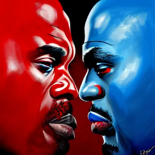 Image similar to crips vs bloods!! painting by emanuele dascanio and robin eley