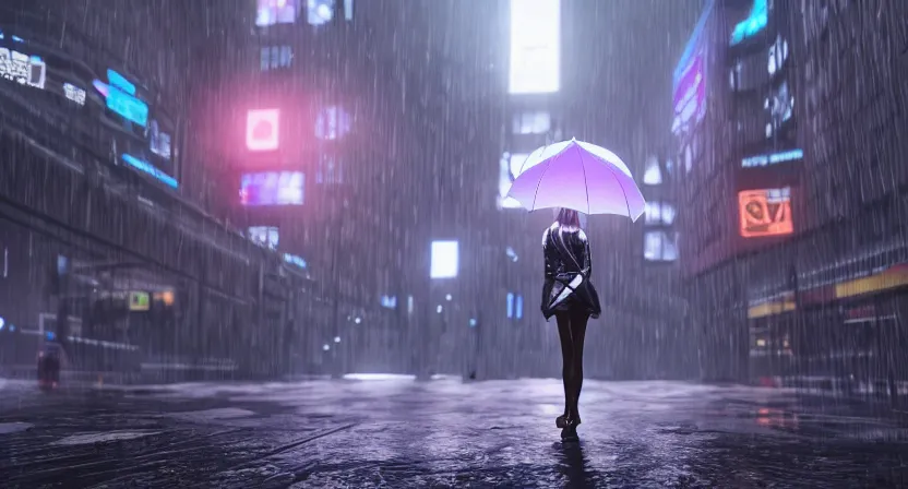 Image similar to a girl holding a umbrella in a rainy cyberpunk city, unreal engine, volumetric lighting, 4k