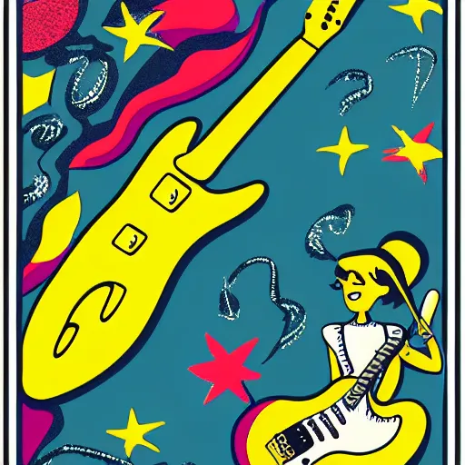 Image similar to illustration in the style of the jetsons of a mermaid playing an stratocaster electric guitar, 3 colour screen print