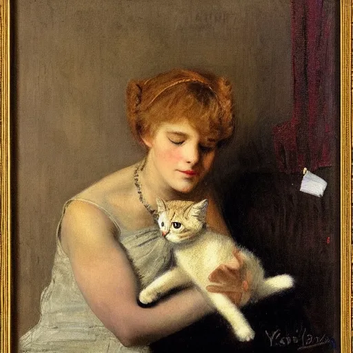 Image similar to young woman petting her cat by alfred stevens