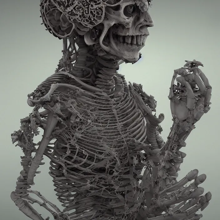 Image similar to portrait of Buddhist Monk as skeleton. intricate abstract. intricate artwork. by Tooth Wu, wlop, beeple, dan mumford. octane render, trending on artstation, greg rutkowski very coherent symmetrical artwork. cinematic, hyper realism, high detail, octane render, 8k, iridescent accents