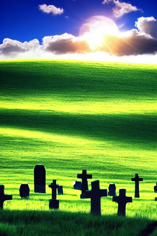 Image similar to windows xp bliss hills screensaver with a graveyard, with many gravestones