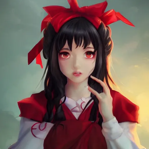 Image similar to portrait of reimu hakurei from touhou, matte painting by artgerm, artstation, perfect face, beautiful