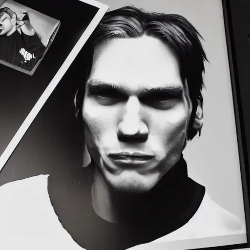 Prompt: A photograph of Jerma in the late 2000s with an emo haircut taking a selfie of himself in his new Interpol shirt, frowny face, taken in the late 2000s, taken on the iPhone 1, realistic, hyperrealistic, very realistic, highly detailed, very detailed, extremely detailed, detailed, oil painting, digital art, trending on artstation