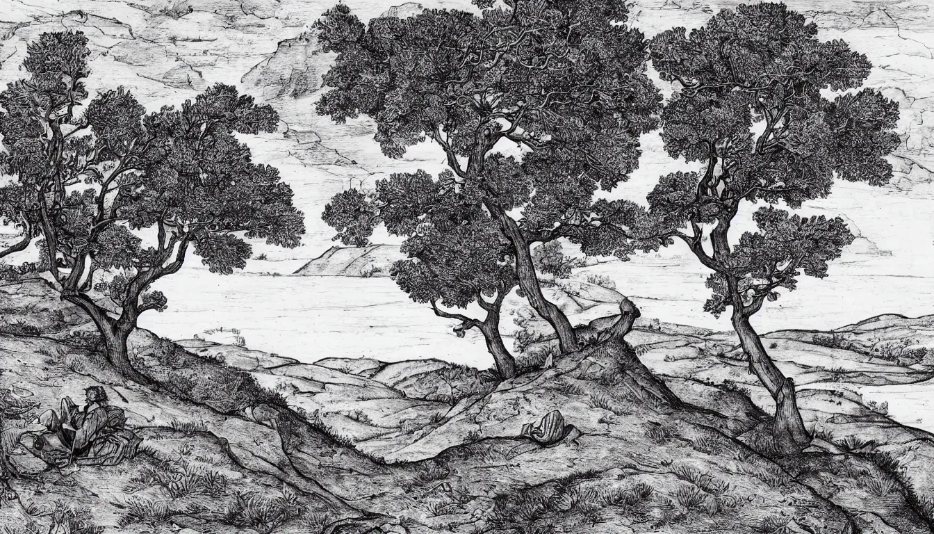 Image similar to a person sits on a hill overlooking a river, wind blown trees, pen and ink, 1 5 0 0 s, 8 k resolution