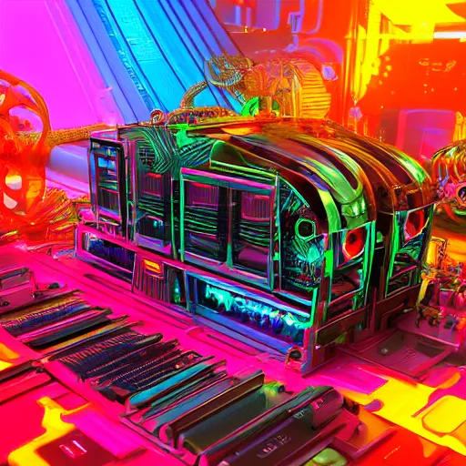 Image similar to album art, album is called tripmachine, tripmachine, photo of a huge futuristic steampunk machinery like inside a computer, 8 k, fluorescent colors, halluzinogenic, multicolored, exaggerated detailed, front shot, 3 d render, octane
