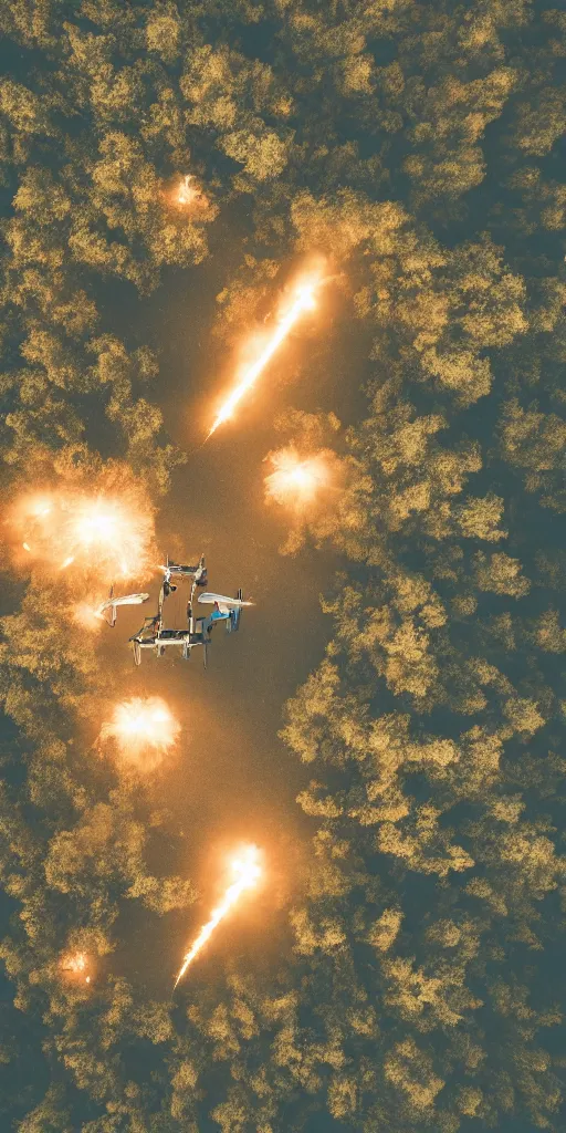 Prompt: detailed dji mavic flying over exploding troops, photo, kodak portra 4 0 0, direct flash, cinematic lightning, anti aliasing,