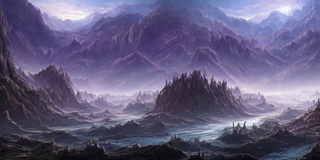 Image similar to The eldritch landscape with mountains in the background and great river down the middle, Sci-Fi fantasy desktop wallpaper, painted, 4k, high detail, sharp focus