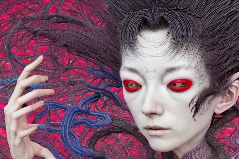 Image similar to realistic detailed image of a woman losing her sanity, conjuring psychedelic background, part by takato yamamoto, part by alex gray, ross tran, james jean, ultra realistic, octane render, highly detailed, 8 k, trending on artstation, cosmic, symmetry, masterpiece