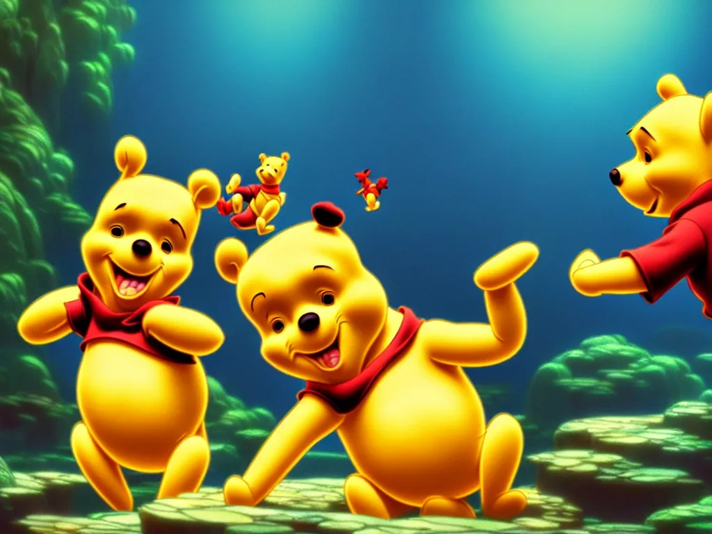 Image similar to the beautiful cartoon animation render a single lovely winnie the pooh wearing paper diapers, pop art, perfect shadow, atmospheric lighting, hyper detailed, underwater world, in the style of makoto shinkai, raphael lacoste louis comfort tiffany, artgerm, karol bak, james jean, ross tran, 8 k hd, fine texture structure, 3 drender