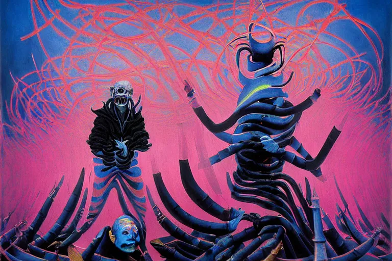 Prompt: a beautiful masterpiece painting of a technomancer wizard in dazzle camouflage robes with pointed hood is prosecuted and swarmed by an angry mob like frankenstein's monster by remedios varo and anato finnstark and greg rutkowski and andy warhol and francis picabia, dayglo pink blue, prismatic, glowing, raven black, trending on artstation