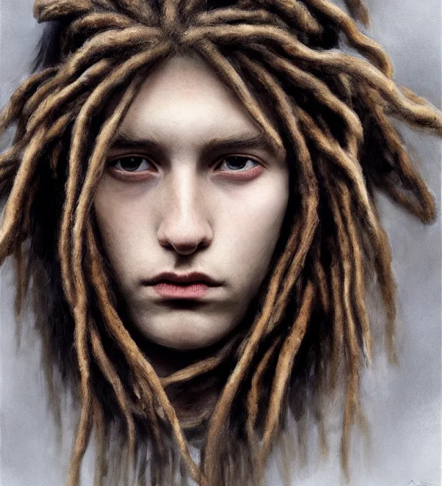 Image similar to portrait of shy teenage fantasy witch, grzegorz rutkowski, symmetry, deep dark forest, dramatic lighting, moody, directional lighting, awkward, intelligent, contemplative, gorgeous dreadlocks in hair, volumetric lighting, symmetrical face, pale girl, nervous, art by alasdair gray, brown hair, hazel eyes, trending on artstation