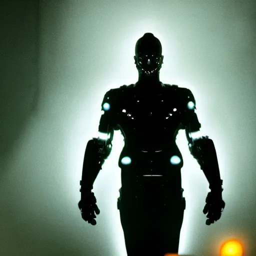 Image similar to movie still of a villain cyborg, facial expression, cinematic composition, cinematic light, surreal cinema, by edgar wright and david lynch,