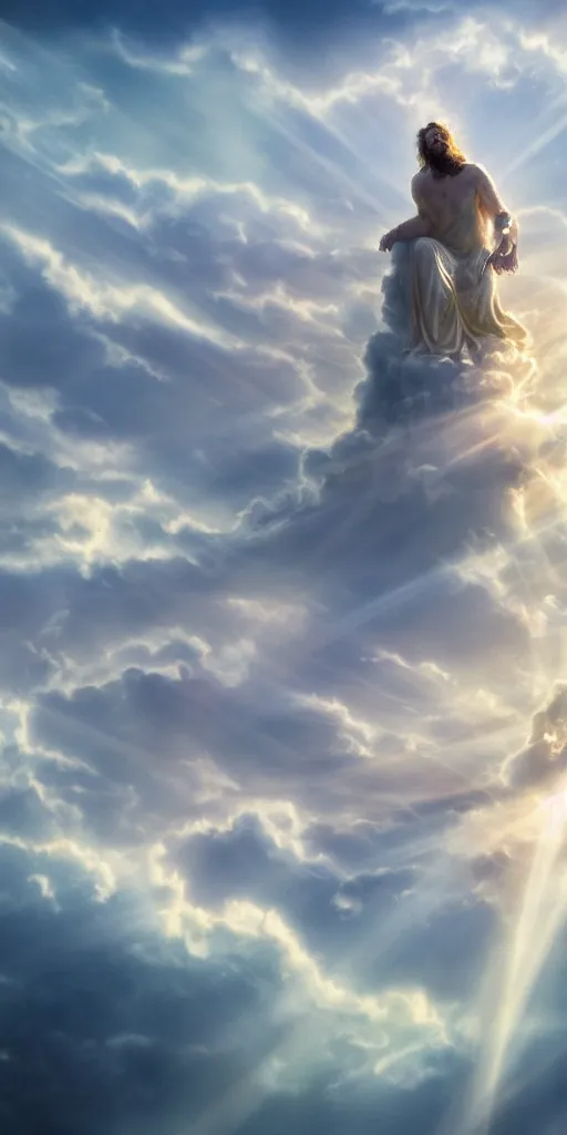 Image similar to God sitting on his throne atop a pillar of cloud, surrounded by swarms of angels, crepuscular rays, warm lighting