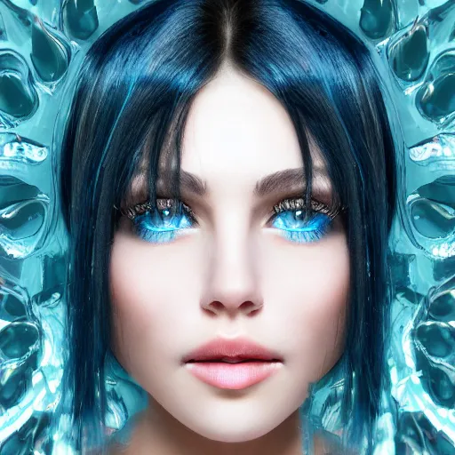 Image similar to portrait of glowing goddess with fair skin and blue eyes beautiful face with black hair