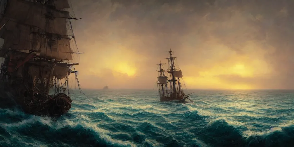 Image similar to two pirates facing each other in death duel!, foggy, gunpowder smoke, dramatic, bloody scene, sunset background, ship on the horizon, portrait 4 / 3, high detail, greg rutkowski, james gurney, gene wolfe, gustave dore, jesper ejsing, rhads, makoto shinkai, ilya kuvshinov