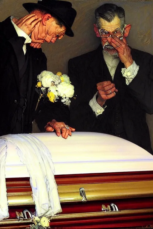 Image similar to a sad man mourning over a casket by sydney prior hall and alfred stevens and sherree valentine daines and norman rockwell, casket, highly detailed, deep shadows, accurate face, hyperrealism