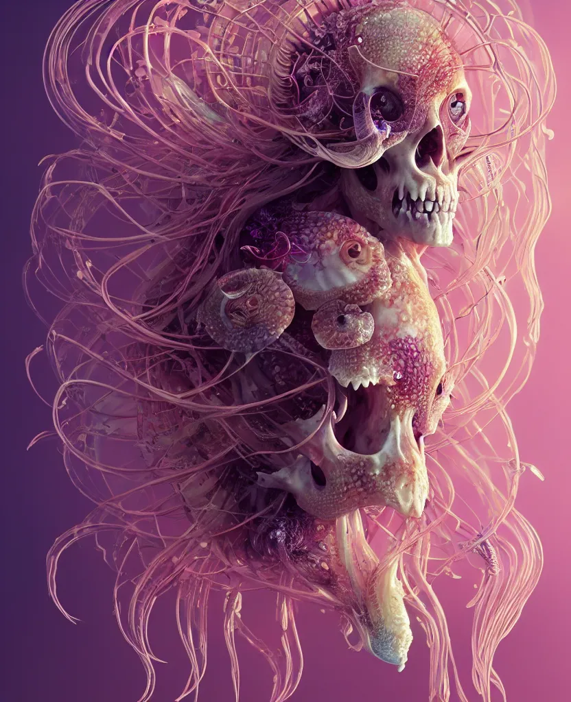 Image similar to goddess princess beautiful face close-up portrait ram skull. jellyfish phoenix head, nautilus, orchid, skull, betta fish, bioluminiscent creatures, intricate artwork by Tooth Wu and wlop and beeple. octane render, trending on artstation, greg rutkowski very coherent symmetrical artwork. cinematic, hyper realism, high detail, octane render, 8k