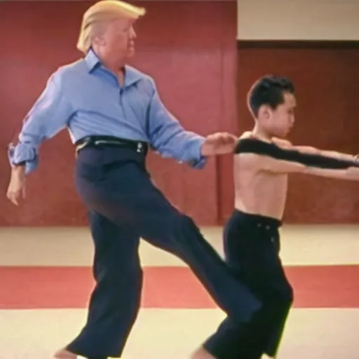 Image similar to still of donald trump as the karate kid, crane kick