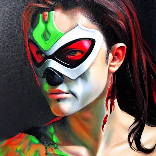 Image similar to a realistic painting by Raffaello Sanzi depicting the Kamen Rider Black with the head of Zombie Pretty Zinta in the Renaissance,smooth,Sharp focus, trending on Artstation.