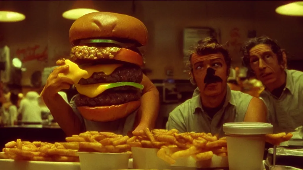 Image similar to the strange cheeseburger creature at the fast food place, film still from the movie directed by denis villeneuve and david cronenberg with art direction by salvador dali and zdzisław beksinski, wide lens