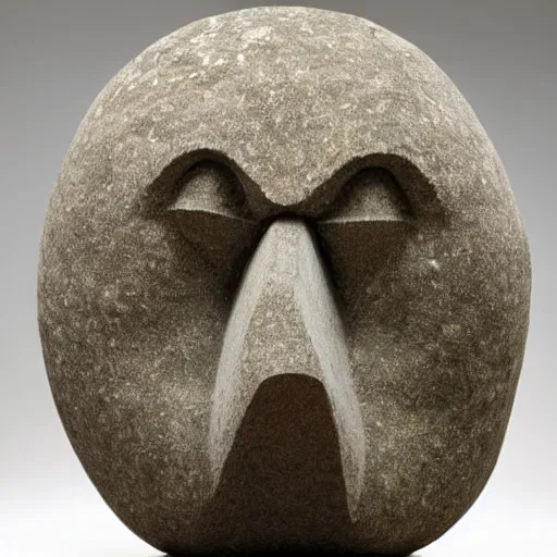 Image similar to cosy, chaotic by robert gillmor. a mixed mediart of a large granite boulder carved to resemble a human face. the nose is slightly upturned, & the eyes & mouth are closed.