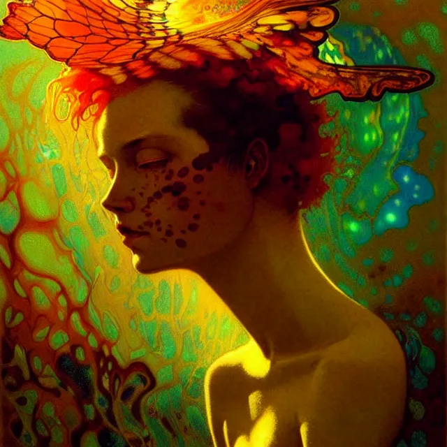 Image similar to psychedelic transcendent freckled face mind bending psychedelic wings of glossy liquid honey flowing like kaleidoscopic translucent holograph, lsd feathers, honey wind, enlightenment, high contrast dappled lighting, refracted sunset, highly detailed, concept art, art by collier, albert aublet, krenz cushart, artem demura, alphonse mucha