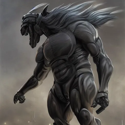 Image similar to an enormously muscular black - coated anthro horse, wearing skintight combat suit, a high - tech facility background, highly detailed, digital painting, game character, artstation, concept art, illustration, art by artgerm, greg rutkowski, wlop