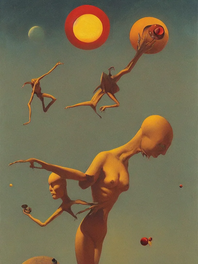 Image similar to alien wearing astronout suit and catch a planet on her hand edward hopper and james gilleard, zdzislaw beksinski highly detailed