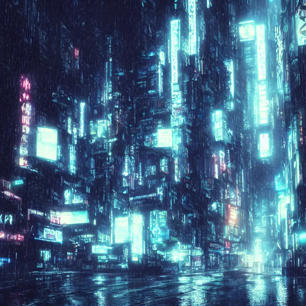 Prompt: dark city street in the rain, neon lights, cyberpunk, year 2 0 9 9, blade runner, octane render, 4 k