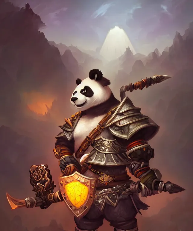 Image similar to a portrait an anthropomorphic panda samurai, wearing armor with spiked shoulders, small mouse companion, landscape in background, dnd character art portrait, world of warcraft style, by peter mohrbacher, cinematic lighting