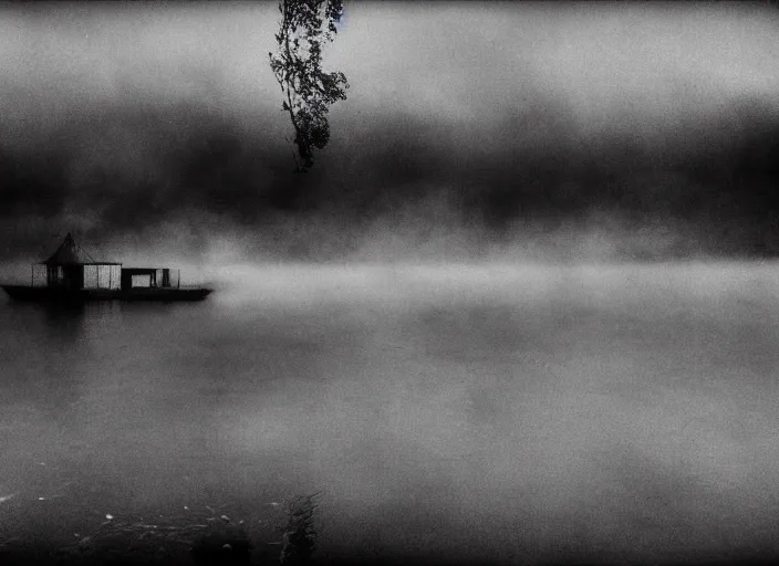 Prompt: lake by Andrei Tarkovsky, big monster eating boat, mist, lomography photo effect, monochrome, noise grain film