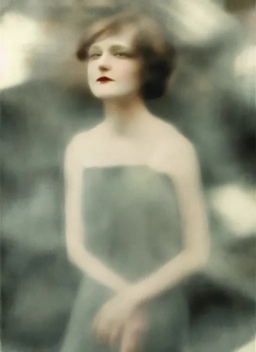 Prompt: out of focus photorealistic portrait of < zelda fitzgerald > as a beautiful young lady by sarah moon, very blurry, translucent white skin, closed eyes, foggy, closeup, in 1 9 2 0 s fashion