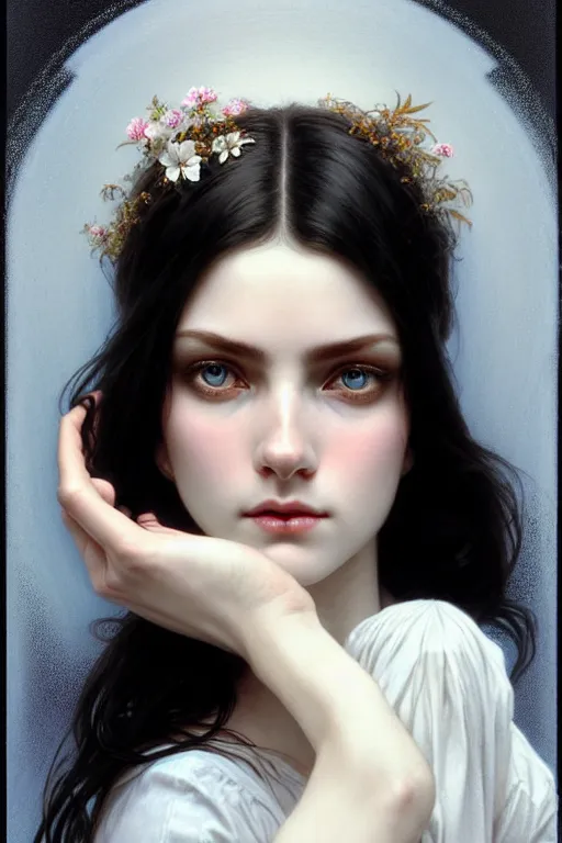 Image similar to ultra realistic, Beautiful black haired woman, Porcelain white complexion, big blue eyes, cute small lips., wearing jeans and white blouse, whip in hand, intricate details, eerie, highly detailed, octane render, 8k, art by artgerm and alphonse mucha and greg rutkowski